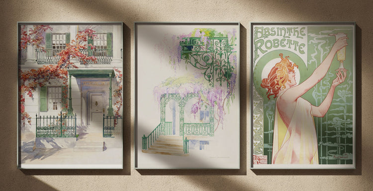 Triptyque Affiches Art Nouveau : Facade et Lierre d'Automne, Aquarelle Botanique Vintage ; Glycine sur une Facade, Aquarelle Botanique Vintage ; Absinthe Robette, Privat-Livemont. Affiches encadrées, édition Heure d'été