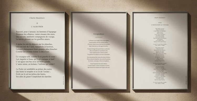 Triptyque Charles Baudelaire : L'Albatros, Charles Baudelaire ; Correspondances, Baudelaire ; Affiche L'Invitation au voyage, poster poème Baudelaire. Affiches encadrées, édition Heure d'été