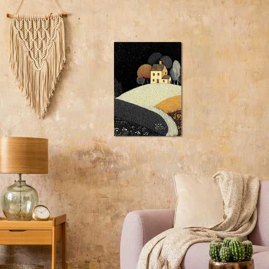 Boho living room with macrame wall hanging, landscape art, and neutral decor