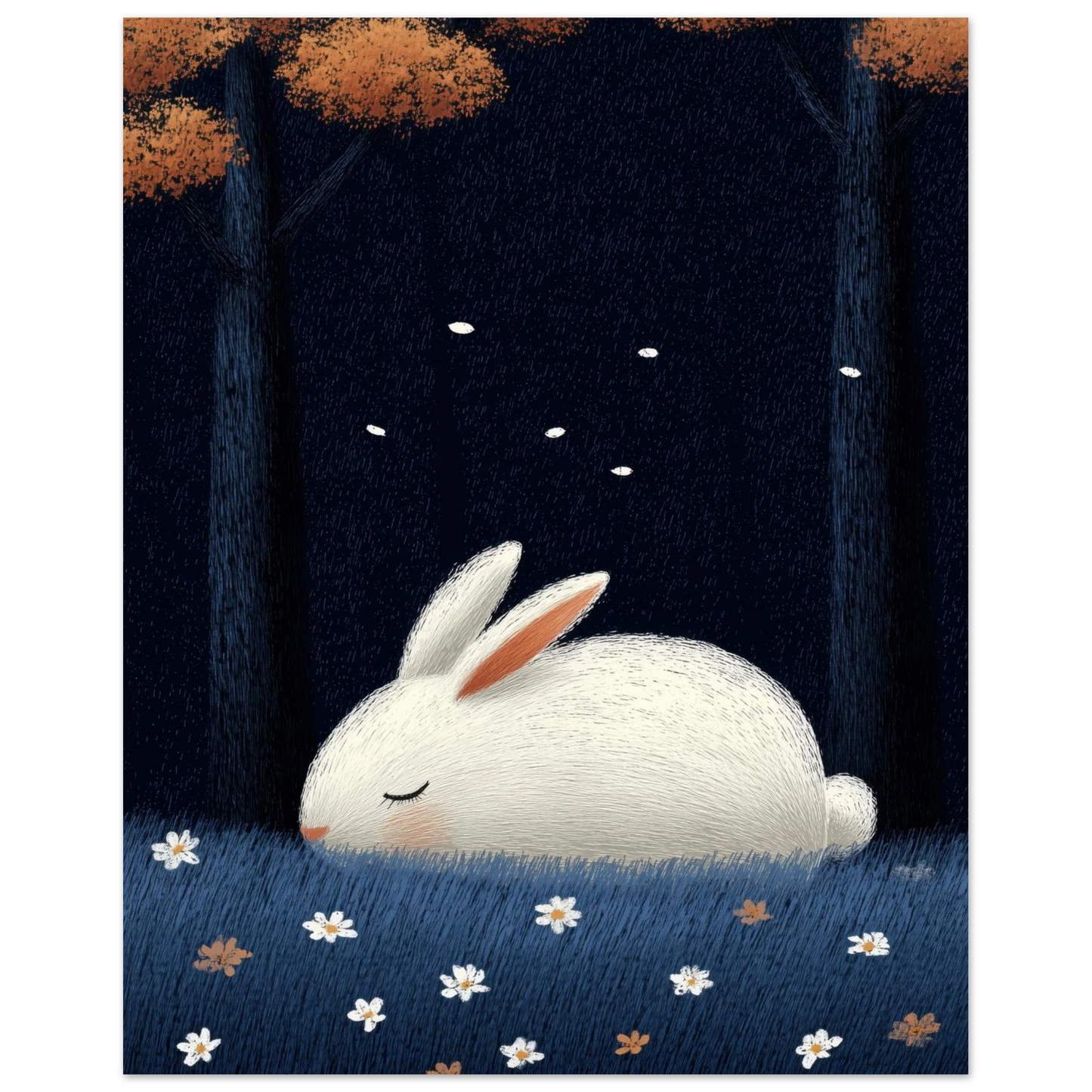 Cute white rabbit sleeping in a blue forest meadow with daisies and dark trees at night
