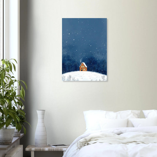 Minimalist bedroom with snowy cabin wall art, white bedding, green plant and natural light