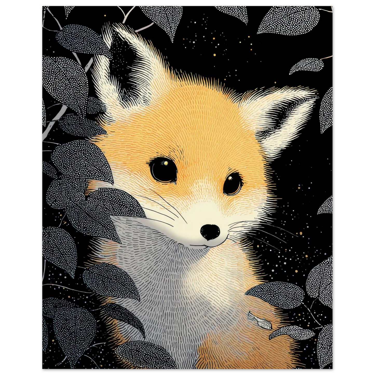 Illustrated fox face at night with black background, surrounded by dark leaves and stars