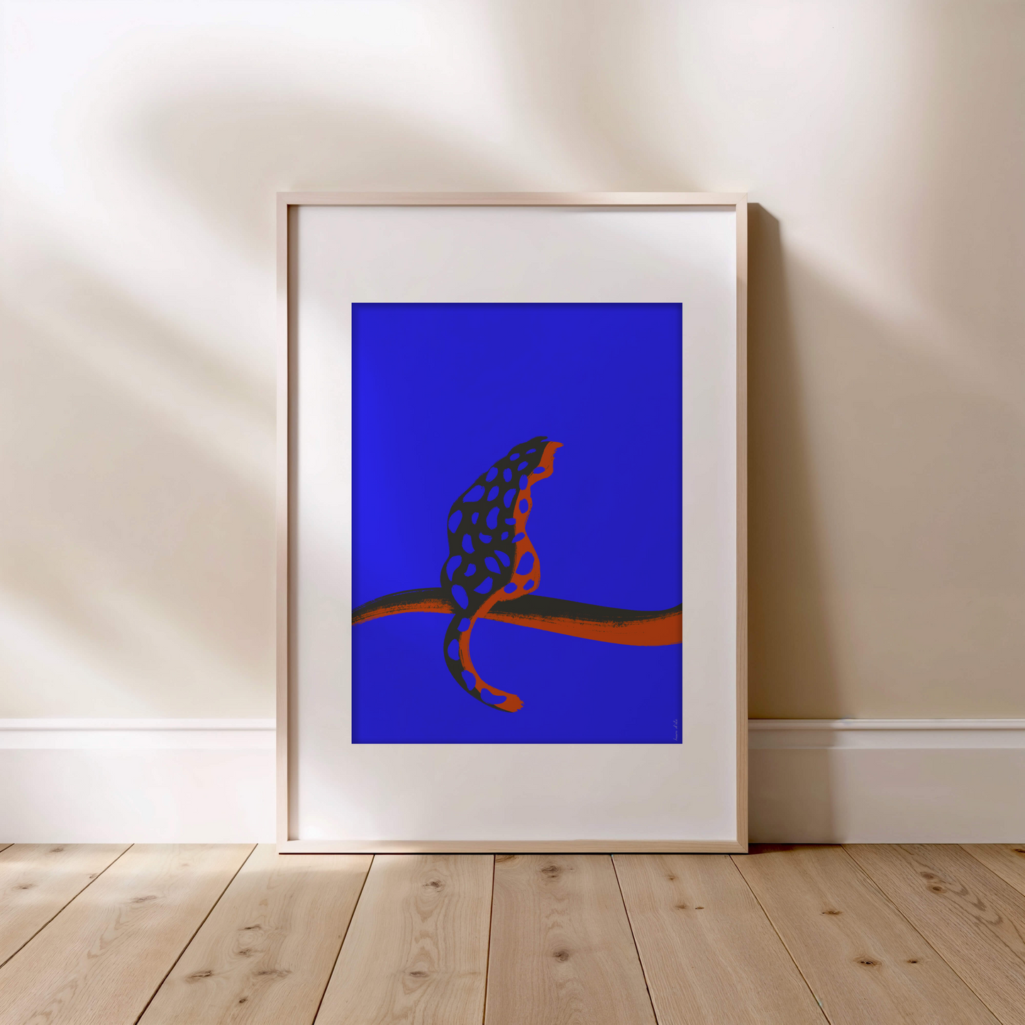 Affiche féline, bleu et orange intense, pièce unique de créatrice
