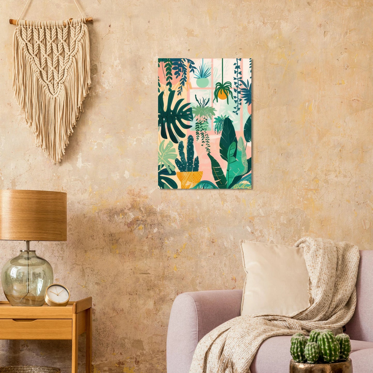 Une affiche graphique et végétale pour ceux qui aiment les plantes… mais pas les entretenir !
Palette chaude, formes stylisées, ambiance calme et vivante. Idéale pour apporter de la couleur et du vert sans se prendre la tête.