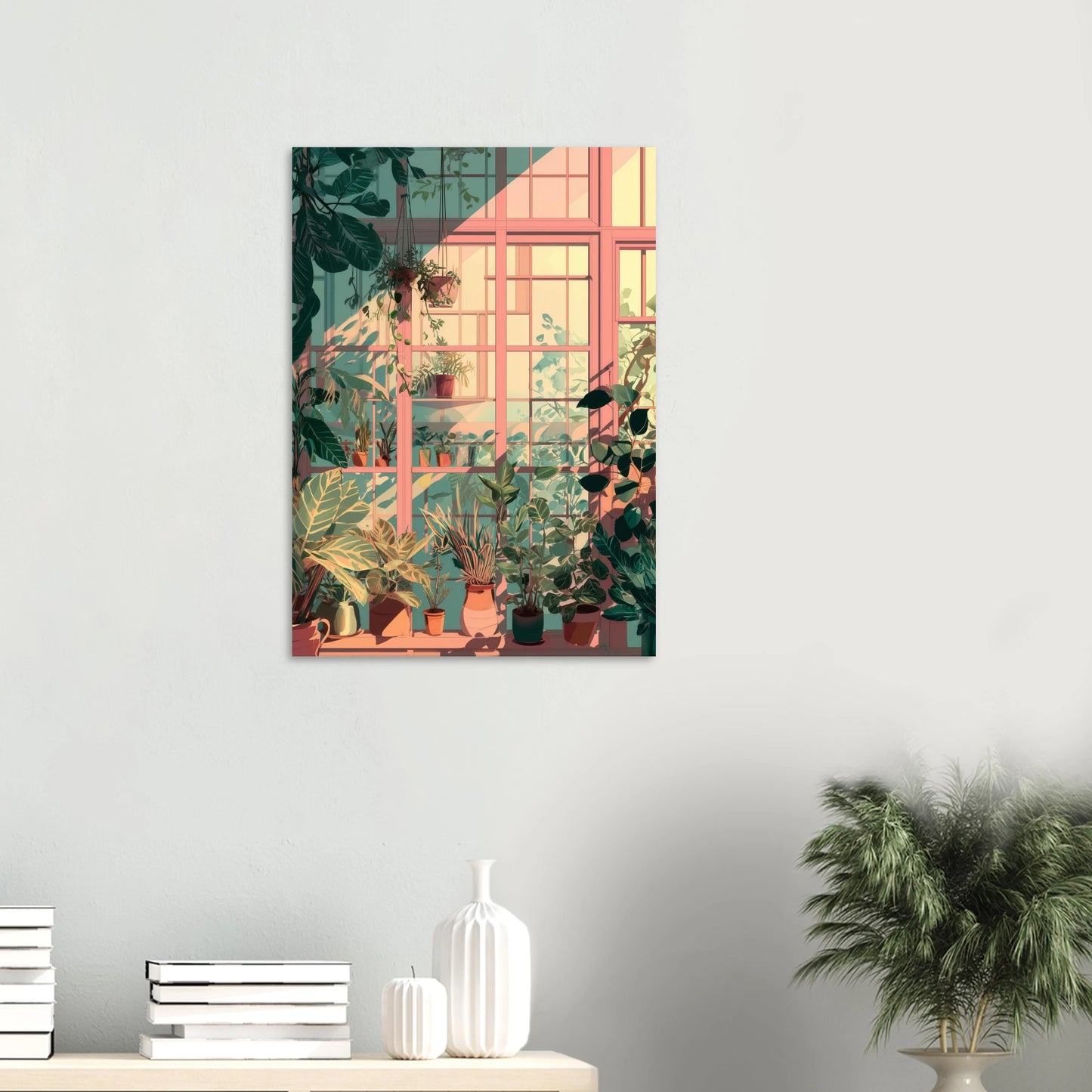 Affiche murale représentant une serre intérieure baignée de lumière.
Plantes en pot, ombres nettes, ambiance graphique et ordonnée.
Un visuel clair, décoratif, pour apporter du vert et du calme à l’espace.