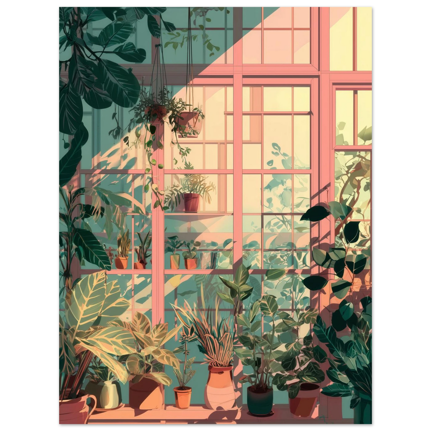 Affiche murale représentant une serre intérieure lumineux.
Plantes, ombres contrastées, ambiance graphique et ordonnée.
Un visuel clair, décoratif, pour apporter du vert et du calme à l’espace.