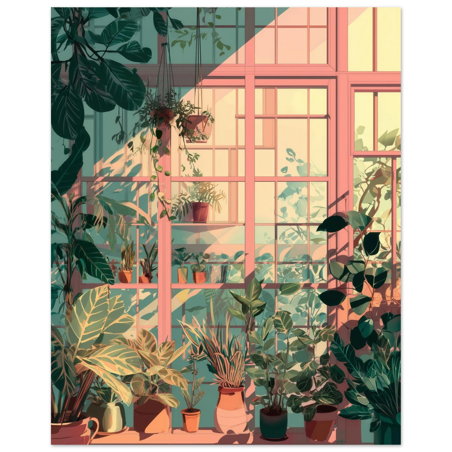 Affiche murale représentant une serre intérieure baignée de lumière.
Plantes en pot, ombres nettes, ambiance graphique et ordonnée.
Un visuel éclairé, déco, pour apporter du vert et de la quiétude à l’espace.