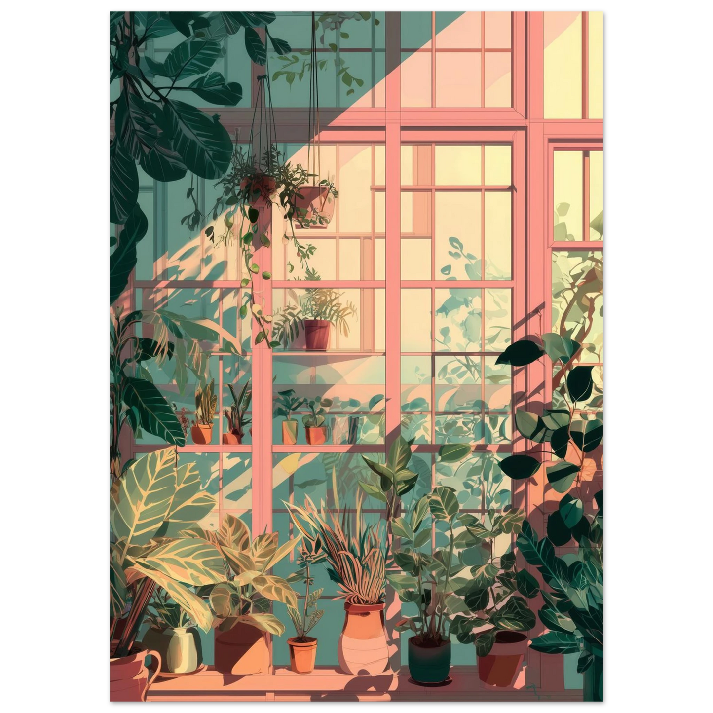 Affiche murale représentant un atelier de jardinier.
Plantes, ombres nettes, ambiance graphique et ordonnée.
Un visuel nature, décoratif, pour apporter du vert et du calme à l’espace.