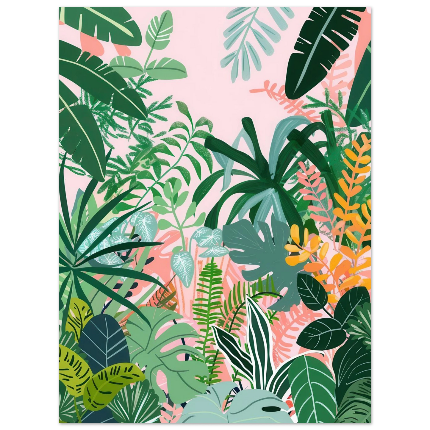 Affiche murale illustrant un forêt dense de feuillages des forêts primaires.
Palette pastel, tons de roses et verts, composition flat, traitement stylé.
Un visuel décoratif, coloré, pour structurer un mur avec force et contraste.
Imprimée à la demande sur papier mat 170 g/m² (0,19 mm), issu de forêts gérées durablement (certifié FSC ou équivalent).
Formats standards, prêts à encadrer.