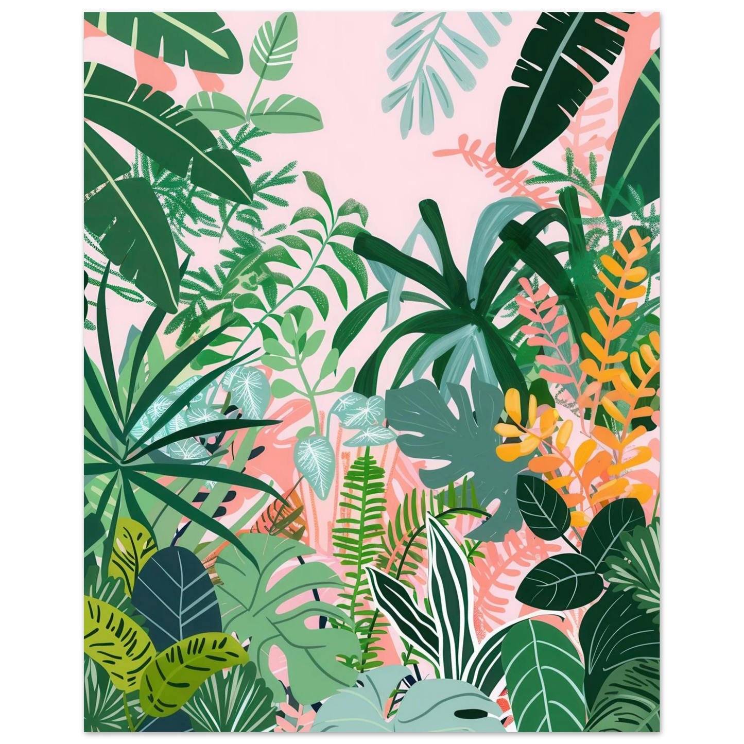 Affiche murale illustrant un forêt dense de feuillages tropicaux.
Palette pastel, tons de roses et verts, composition plane, traitement stylisé.
Un visuel original, coloré, pour structurer un mur avec force et contraste.
Impression haut de gamme sur papier mat 170 g/m² (0,19 mm), issu de forêts gérées durablement (certifié FSC ou équivalent).
Formats standards, prêts à encadrer.