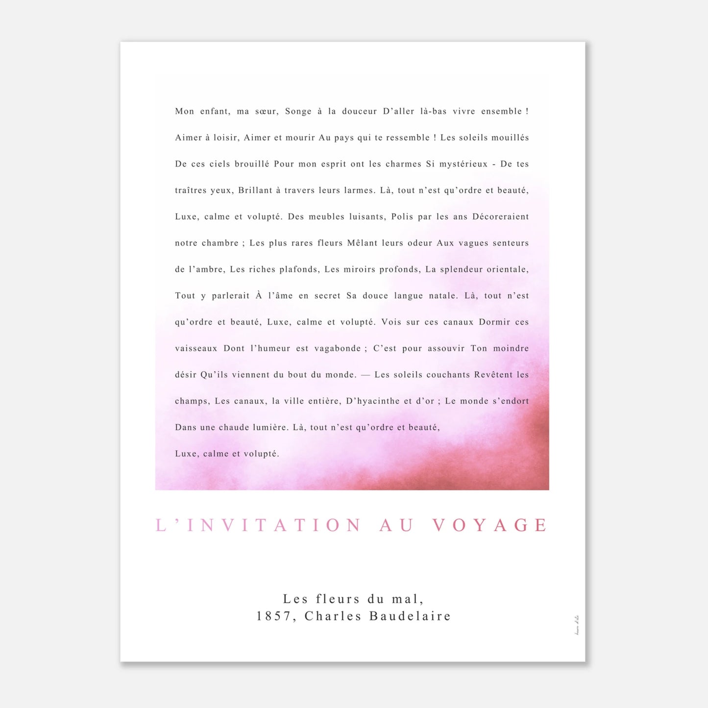 Poème L’invitation au voyage, création murale fine art à l’esthétique rose.