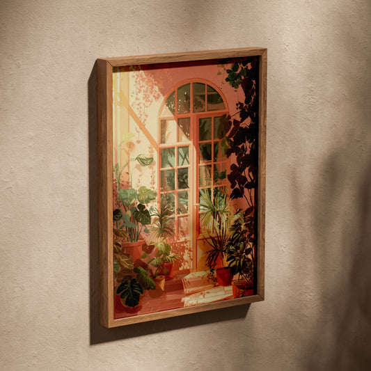 La porte du jardin | Poster Jardin, affiche dans un cadre en chêne posé de biais sur un mur texturé