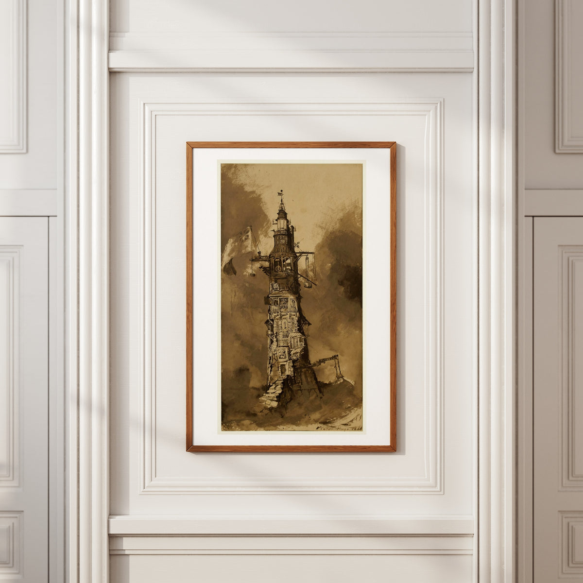 Victor Hugo's Eddystone Lighthouse poster, framed on a white paneled wall, wooden frame