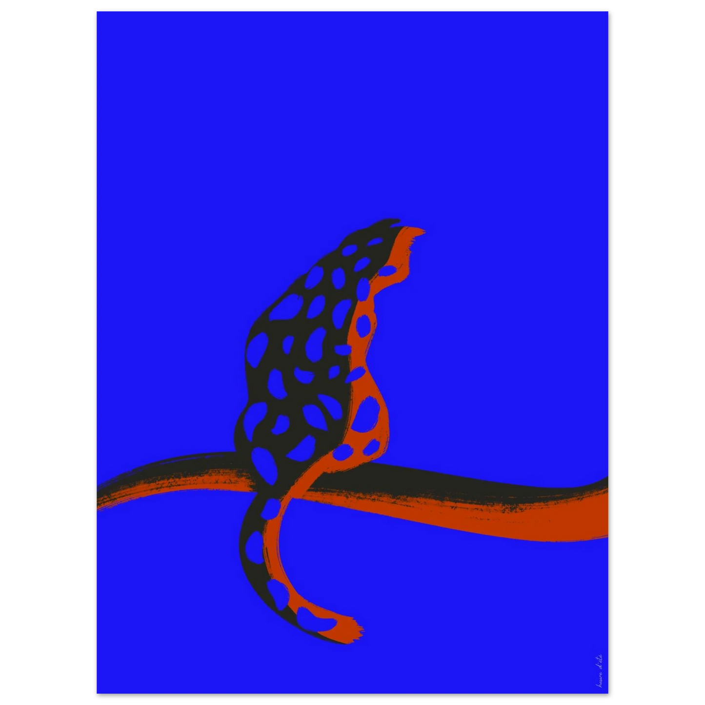 Illustration panthère minimaliste sur fond bleu électrique, art mural contemporain 30x40.