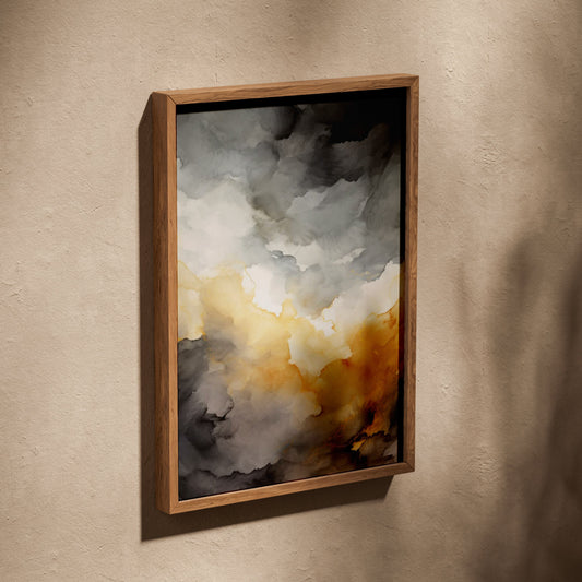 Affiche Watercolor Sunset, affiche dans un cadre en chêne posé de biais sur un mur texturé