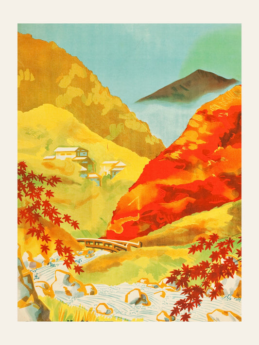 Automne à Yunoyama Onsen - Affiche Voyage Japon Vintage