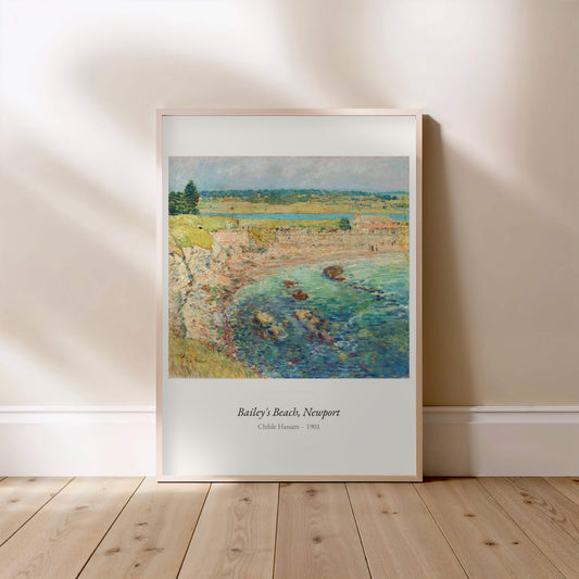 Bailey's Beach, Newport, Childe Hassam | Affiche Art Premium, affiche encadrée posée au sol, cadre bois clair