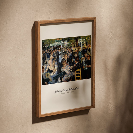 Bal du Moulin de la Galette, Renoir, affiche dans un cadre en chêne posé de biais sur un mur texturé