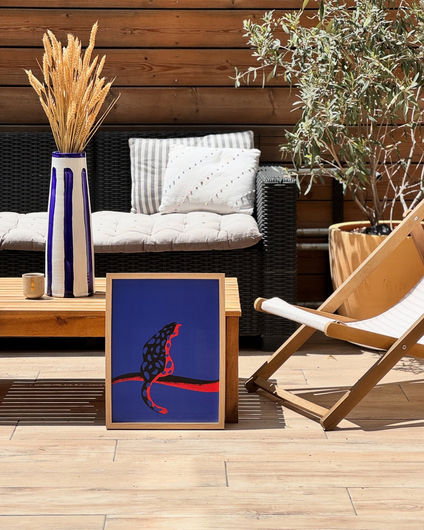 Affiche félin minimaliste, orange vibrant et bleue - Travail de créateurs - design exclusif heure d'été