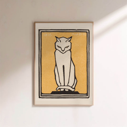 Chat Blanc sur Fond Jaune - Julie de Graag - Affiche Art Animalier en situation