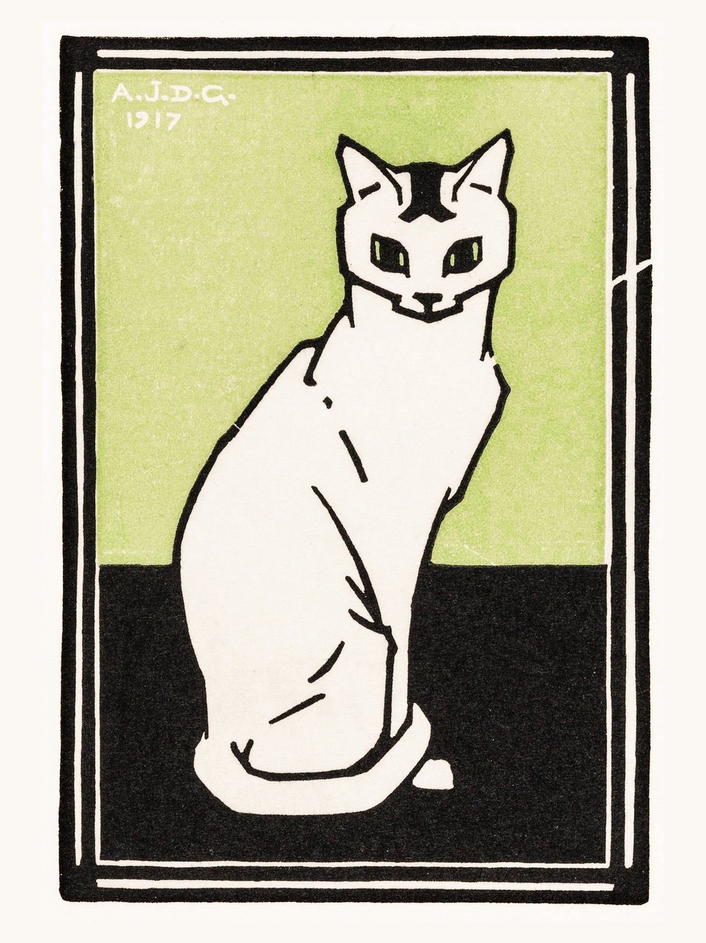 Chat Blanc sur Fond Vert - Julie de Graag - Affiche Art Animalier