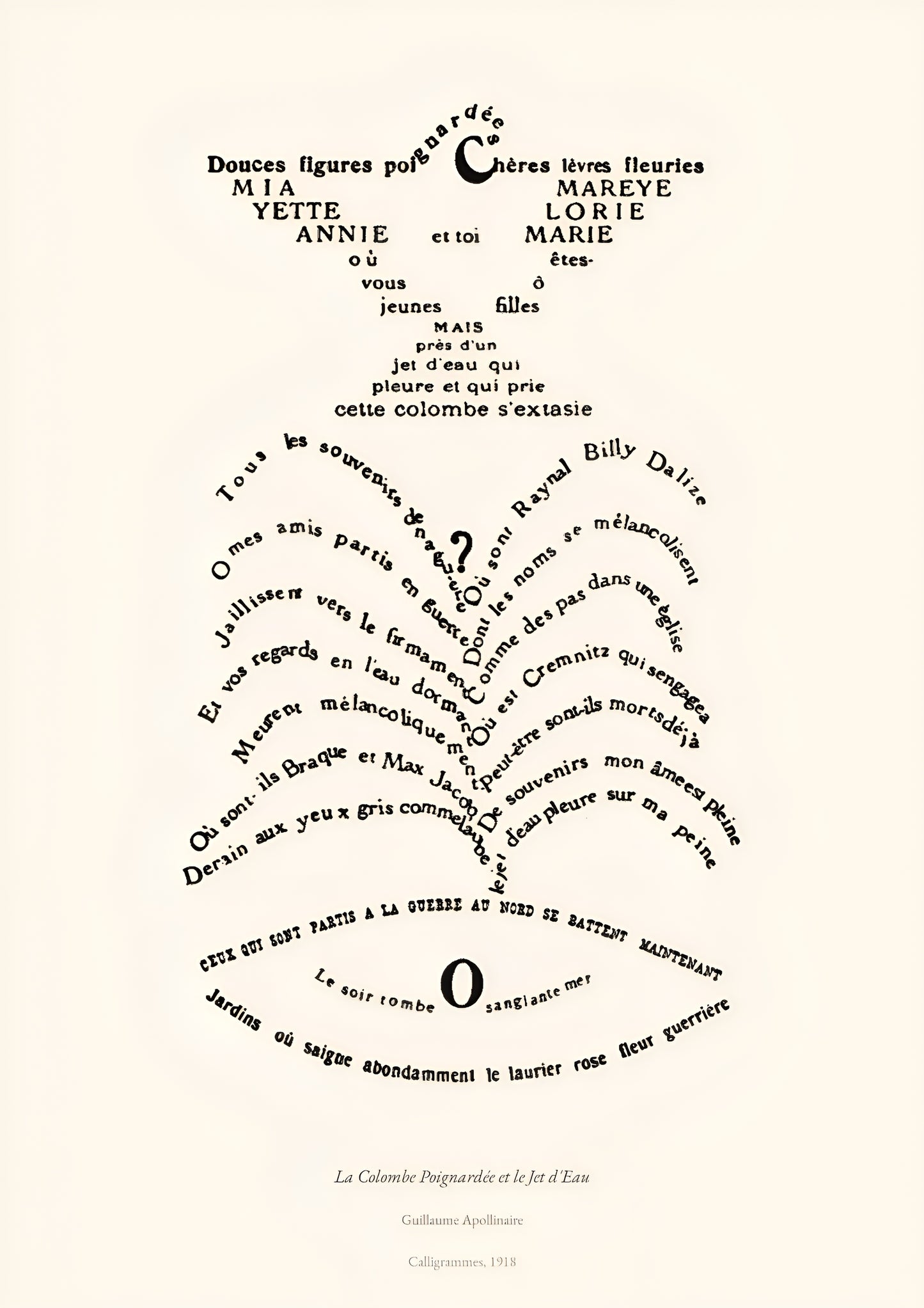 La Colombe Poignardée et le Jet d'Eau, Apollinaire | Calligramme Affiche Premium | Heure d'Été Studio