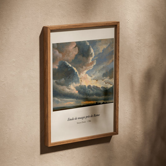Étude de nuages près de Rome, Simon Denis, affiche dans un cadre en chêne posé de biais sur un mur texturé