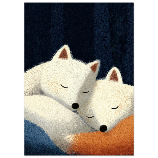 Affiche enfant - Renards polaires dans la nuit - Heure d'été