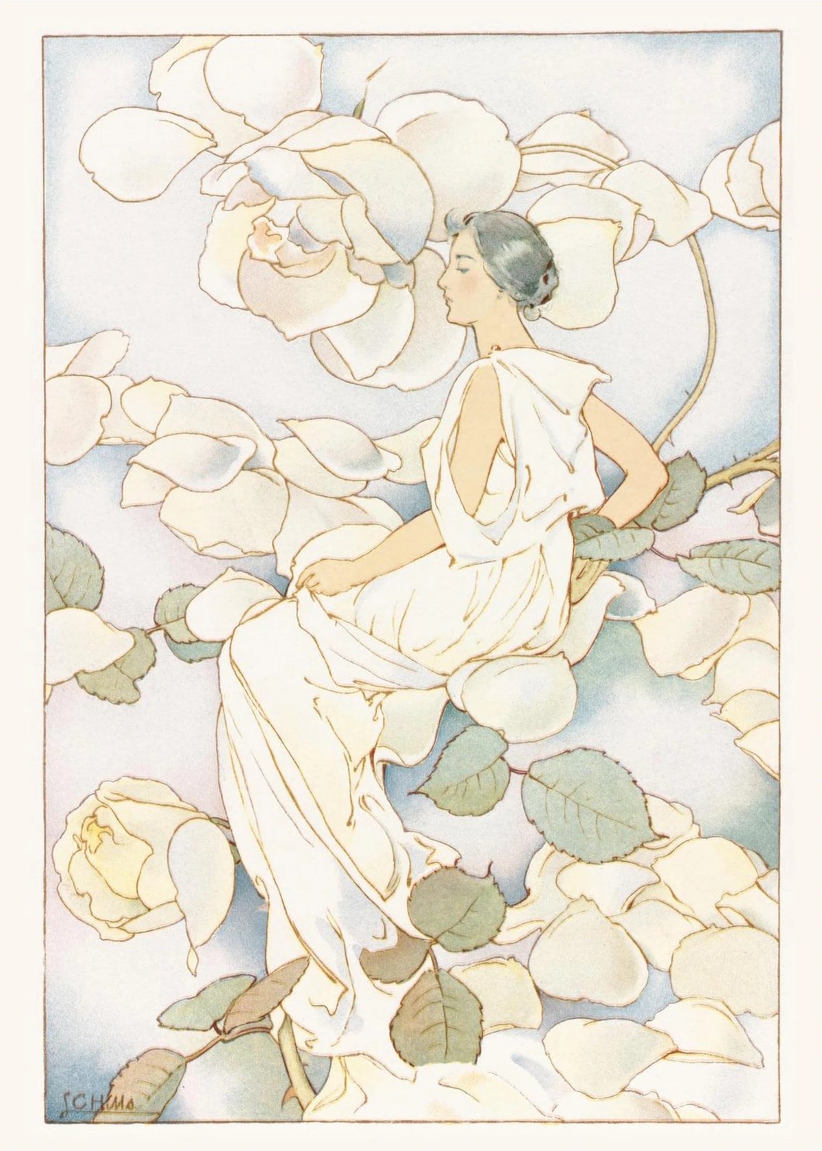 Woman Among White Roses - Botanical Art Nouveau Illustration, the print alone, thick matte eco-friendly paper