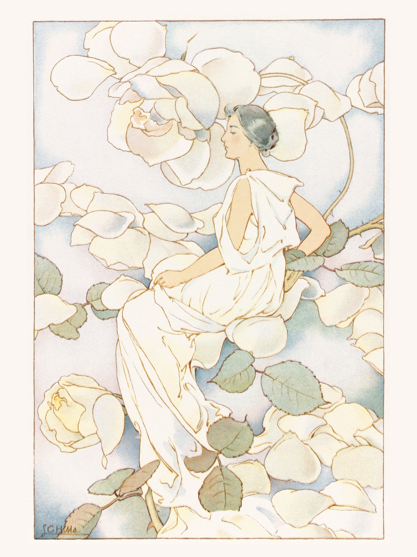 Femme parmi les Roses Blanches - Illustration Art Nouveau Botanique
