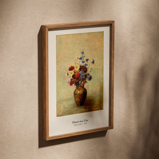 Flowers in a Vase, Odilon Redon | Affiche Art Premium, affiche dans un cadre en chêne posé de biais sur un mur texturé