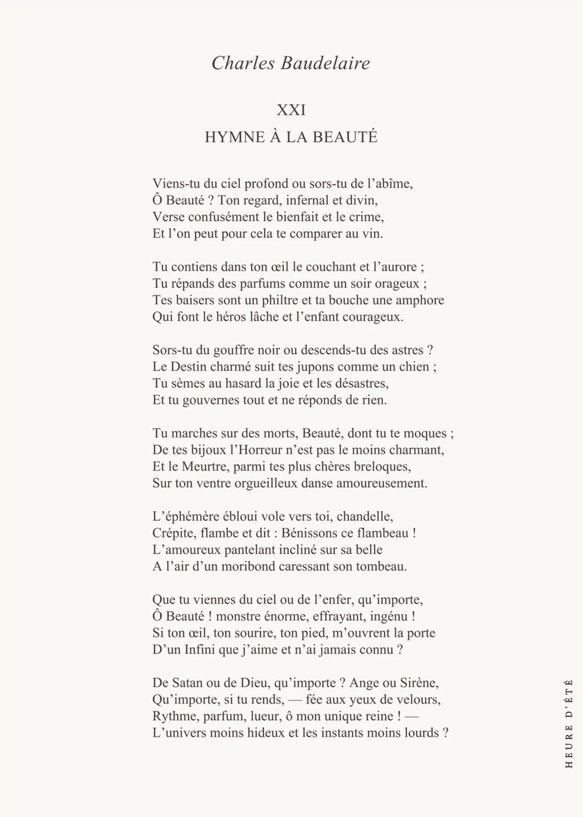 Hymn to Beauty - Charles Baudelaire | Poetry Poster, the print alone, thick matte eco-friendly paper