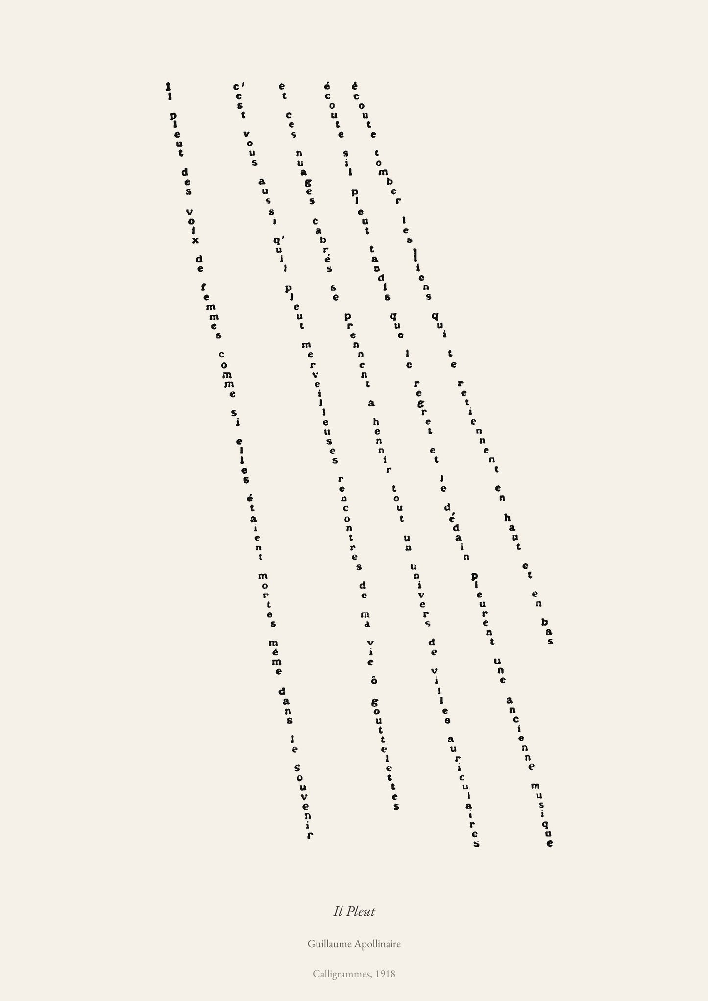 Il Pleut, Guillaume Apollinaire | Calligramme Affiche Premium | Heure d'Été Studio