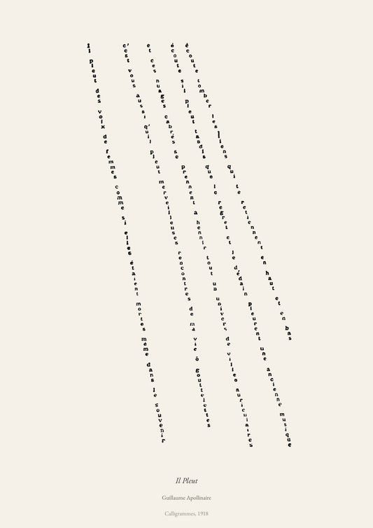 Il Pleut, Guillaume Apollinaire | Calligramme Affiche Premium | Heure d'Été Studio