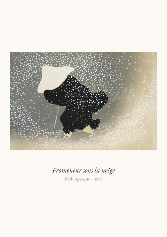 Promeneur sous la neige, École japonaise | Affiche Art Premium