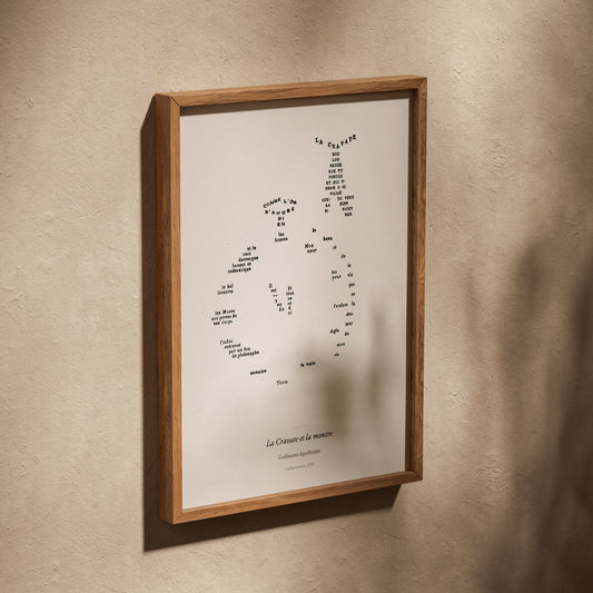 La Cravate et la montre - Apollinaire - Affiche Calligramme, affiche dans un cadre en chêne posé de biais sur un mur texturé