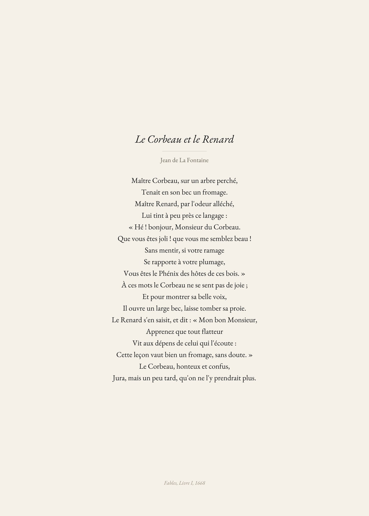 Le Corbeau et le Renard, Jean de La Fontaine | Affiche Poétique Premium | Heure d'Été Studio