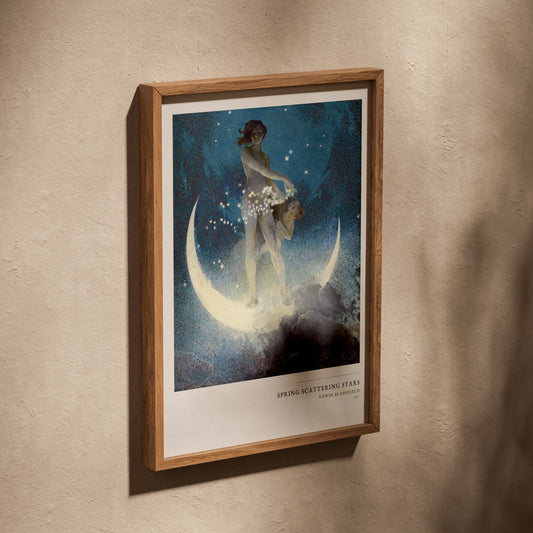 Le Printemps semant les Etoiles - Edwin Blashfield, affiche dans un cadre en chêne posé de biais sur un mur texturé
