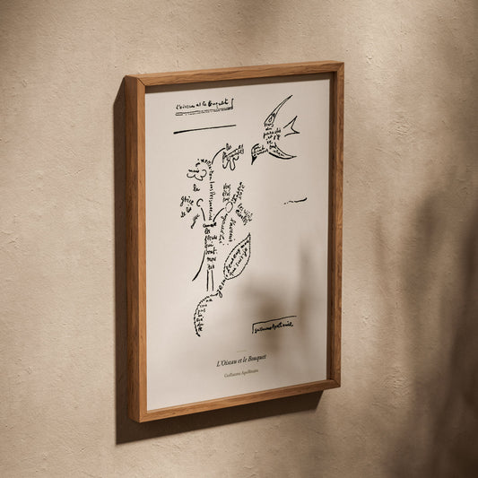 L'Oiseau et le Bouquet - Apollinaire - Affiche Calligramme, affiche dans un cadre en chêne posé de biais sur un mur texturé