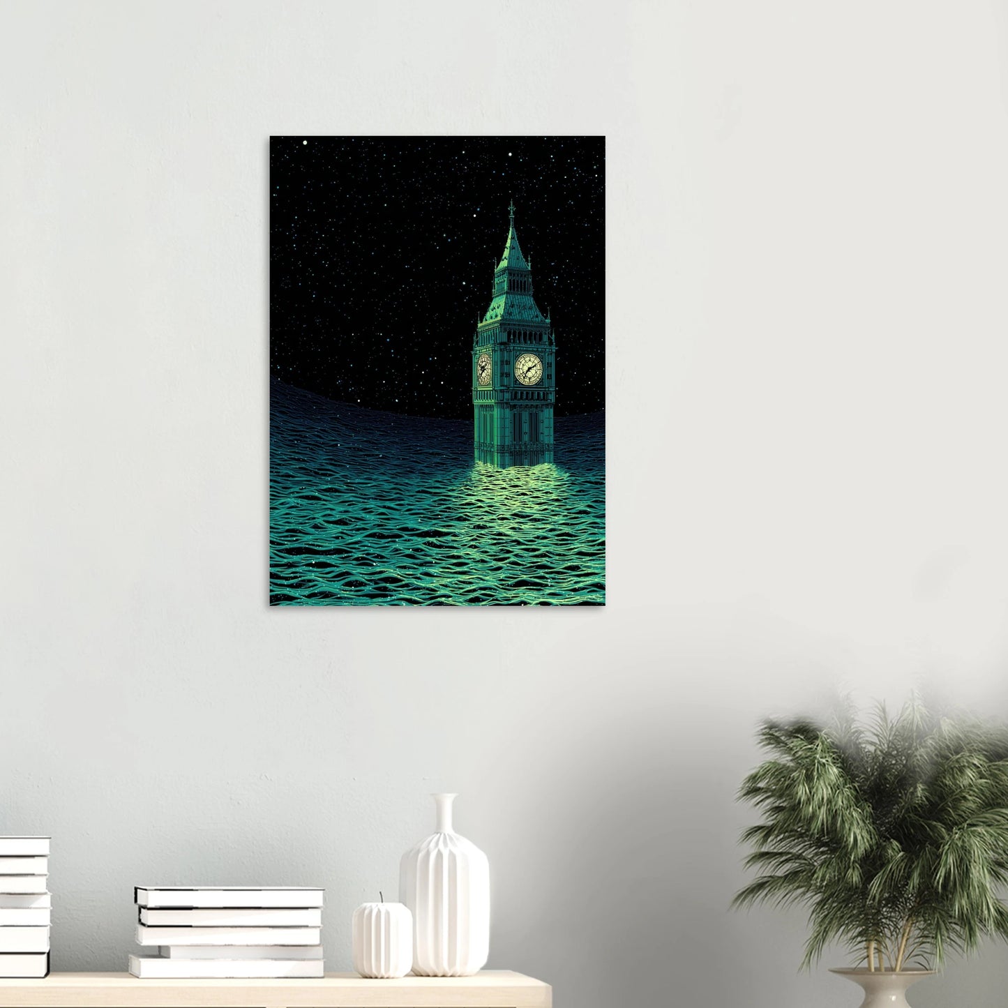 Affiche de Londres, Big Ben sous les eaux, sous un ciel étoilé.