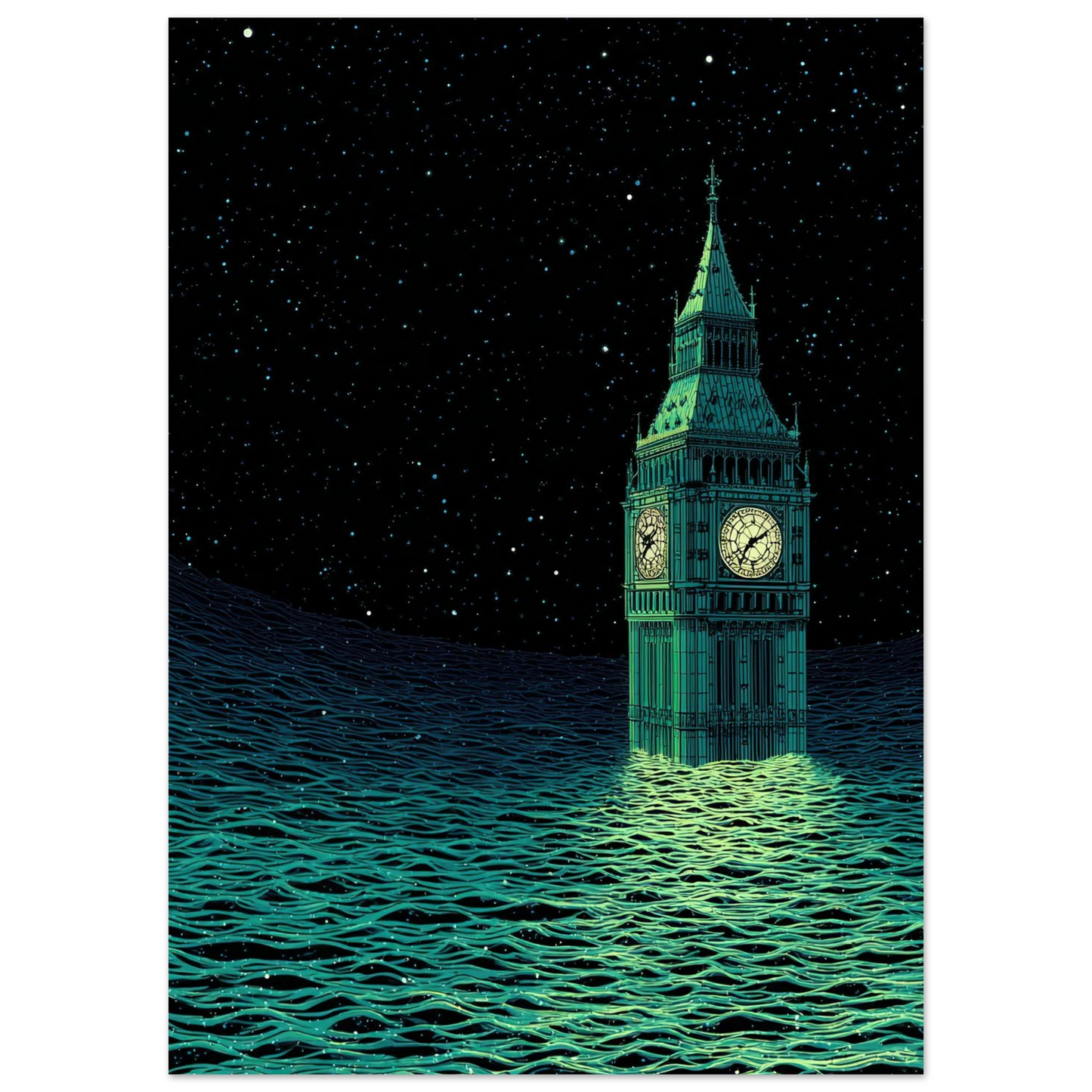 Affiche de Londres by night, style trait BD. Hybride AI et recherche photo