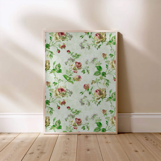 Motif de roses | Affiche Art Botanique Premium, affiche encadrée posée au sol, cadre bois clair