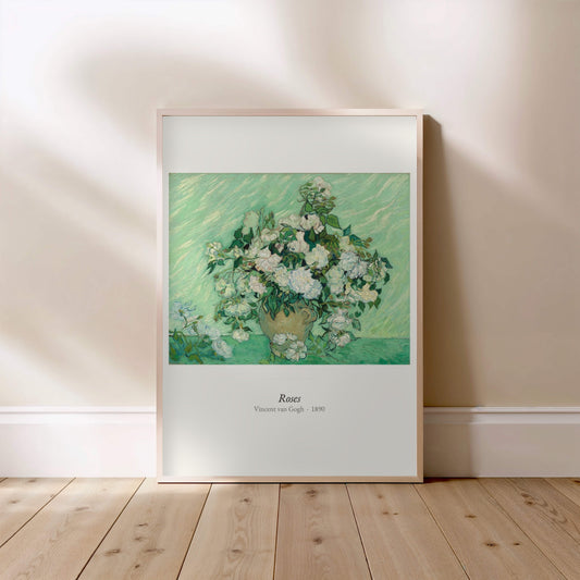 Roses, Vincent van Gogh | Affiche Art Premium, affiche encadrée posée au sol, cadre bois clair