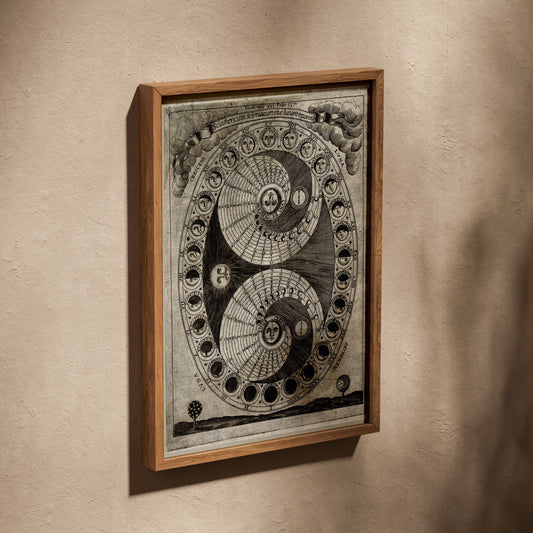 Sciathericum - Cadran Solaire Baroque - Affiche Sciences, affiche dans un cadre en chêne posé de biais sur un mur texturé