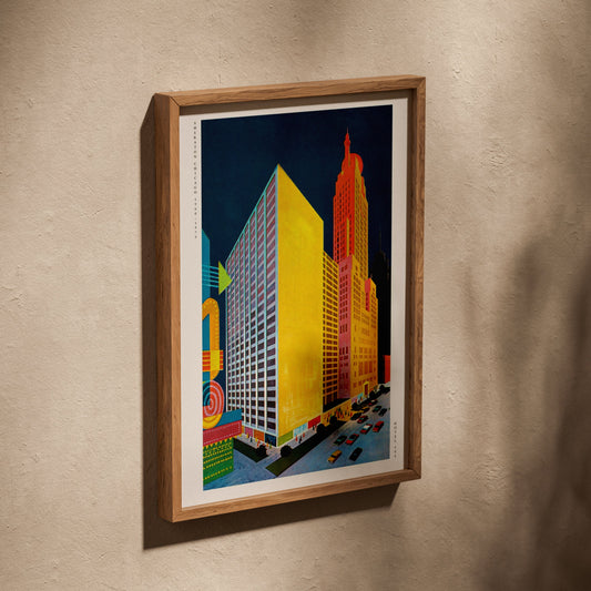 Sheraton Chicago - Affiche Vintage Hôtel Pop Art, affiche dans un cadre en chêne posé de biais sur un mur texturé