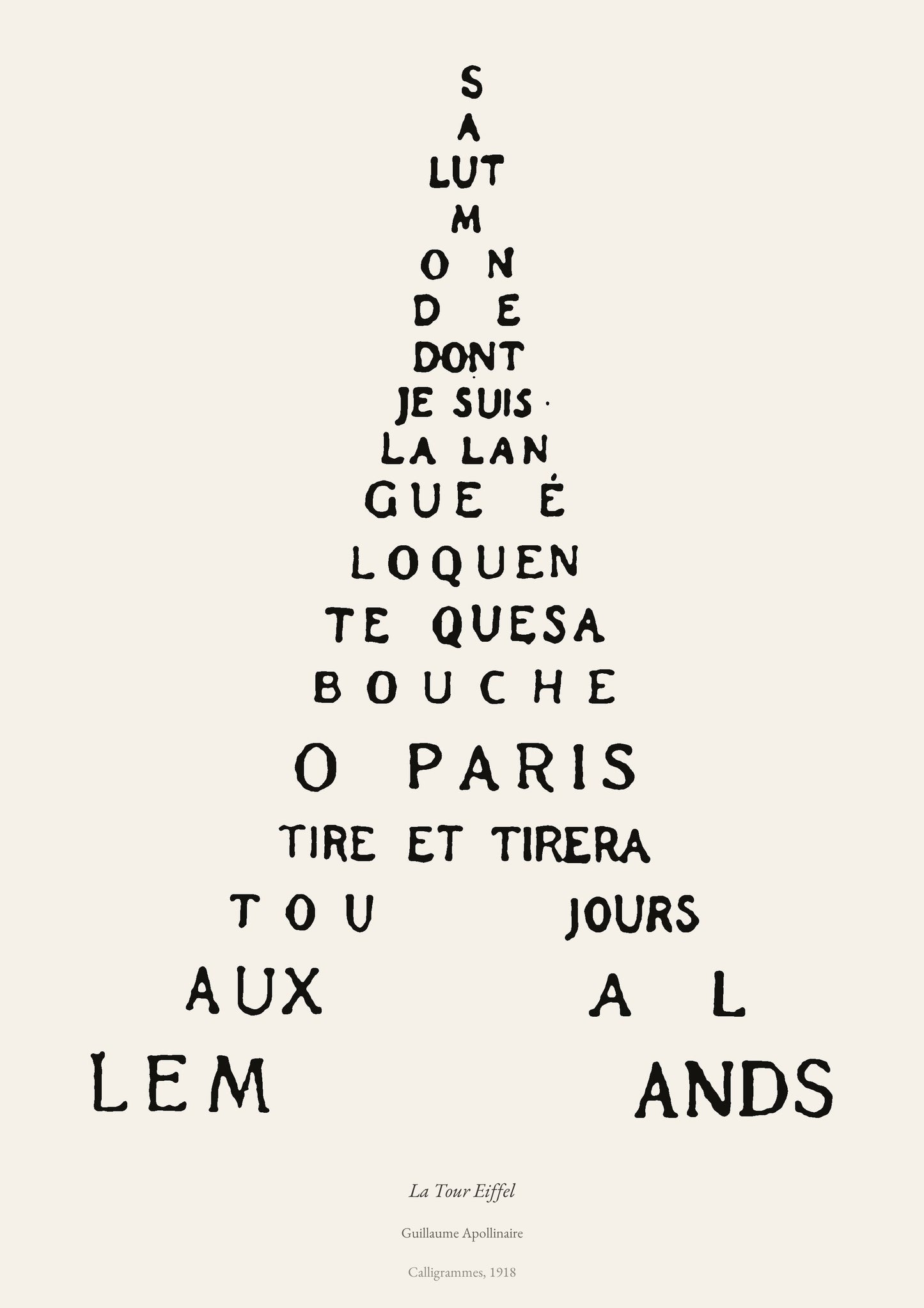 La Tour Eiffel, Guillaume Apollinaire | Calligramme Affiche Premium | Heure d'Été Studio
