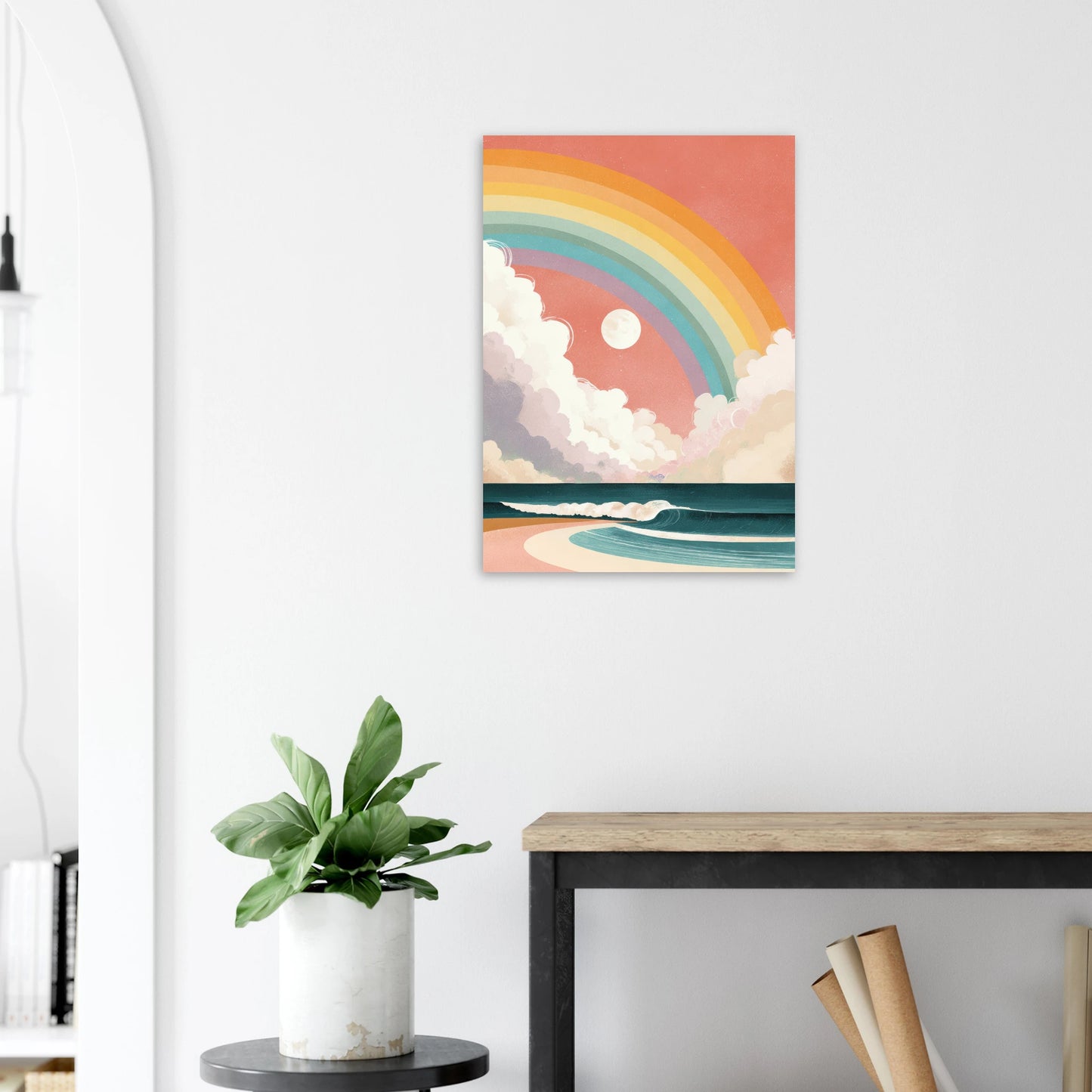 Affiche originale, ciel rose, mer bleue et arc en ciel, style vintage rétro