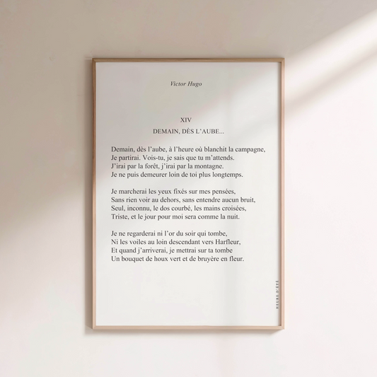 Demain, dès l'aube de Victor Hugo en affiche typographique encadrée