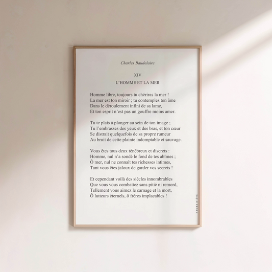 L'Homme et la mer de Charles Baudelaire en affiche typographique encadrée