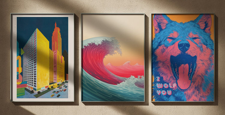 Triptyque Affiches dopamine decor : Sheraton Chicago ; Vitamin Sea ; I Wolf You. Affiches encadrées, édition Heure d'été
